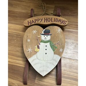 Wooden Hand Painted Christmas Sleigh Snowman Farmhouse Sled Wall Decor
